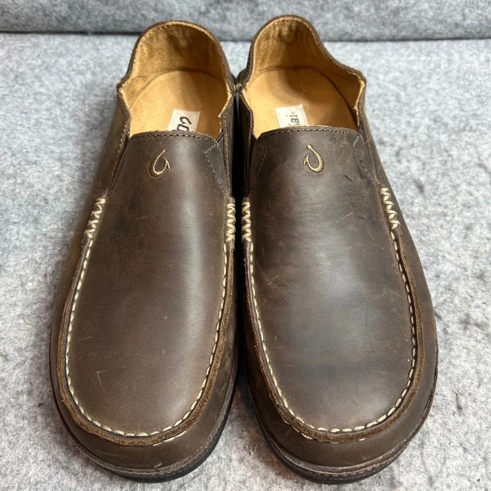 Olukai Moloa Mens Leather Slip On Shoes Dark Wood Brown Drop-In Heel Loafers 9.5